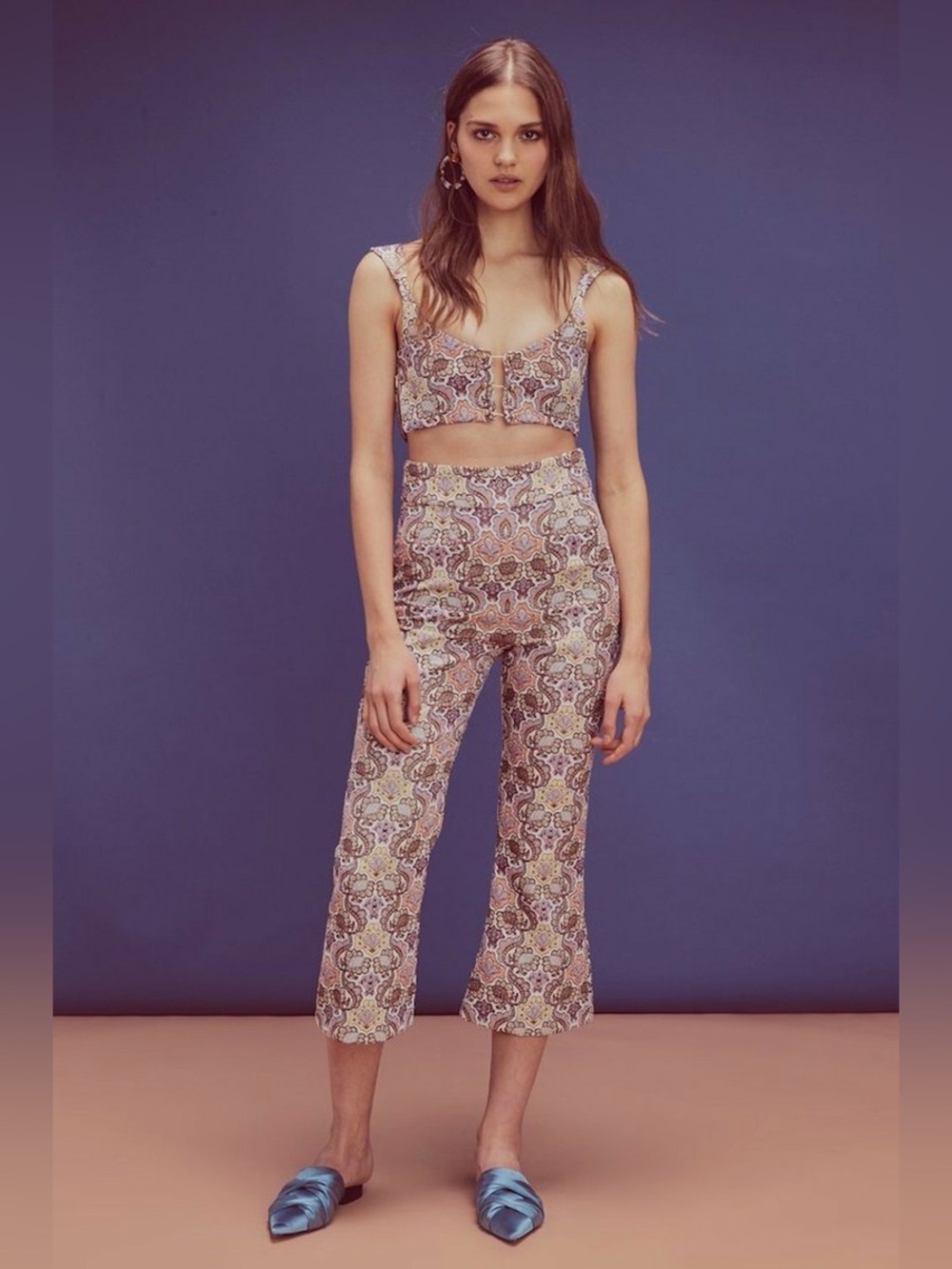 For Love & Lemons Brocade Flared Cropped Pant Ivory Floral Size Small
